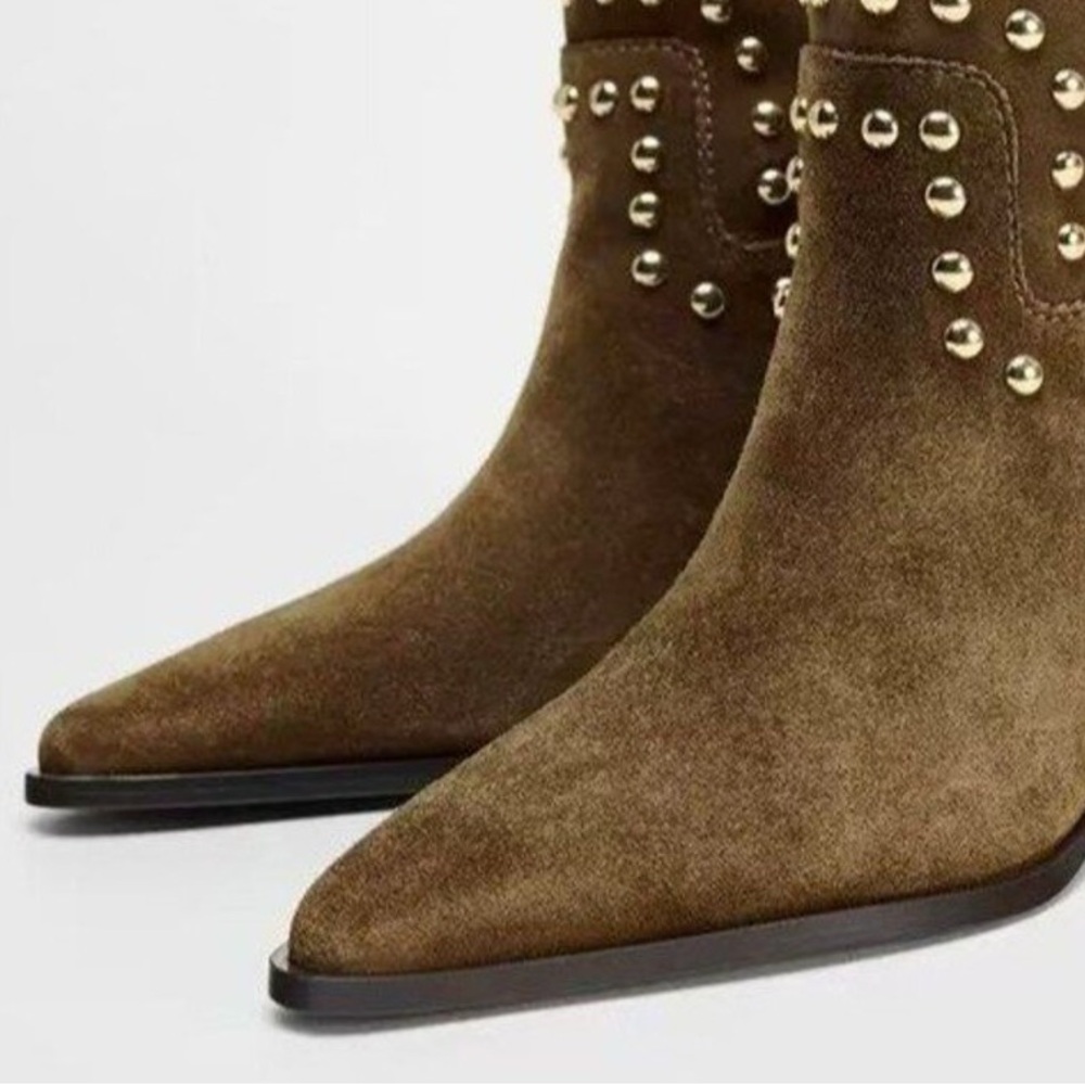 🤎 Hello Kitten!  Studded PU Suede Pointed Toe Kitten Heels Boots - Brown - Picture 5 of 8